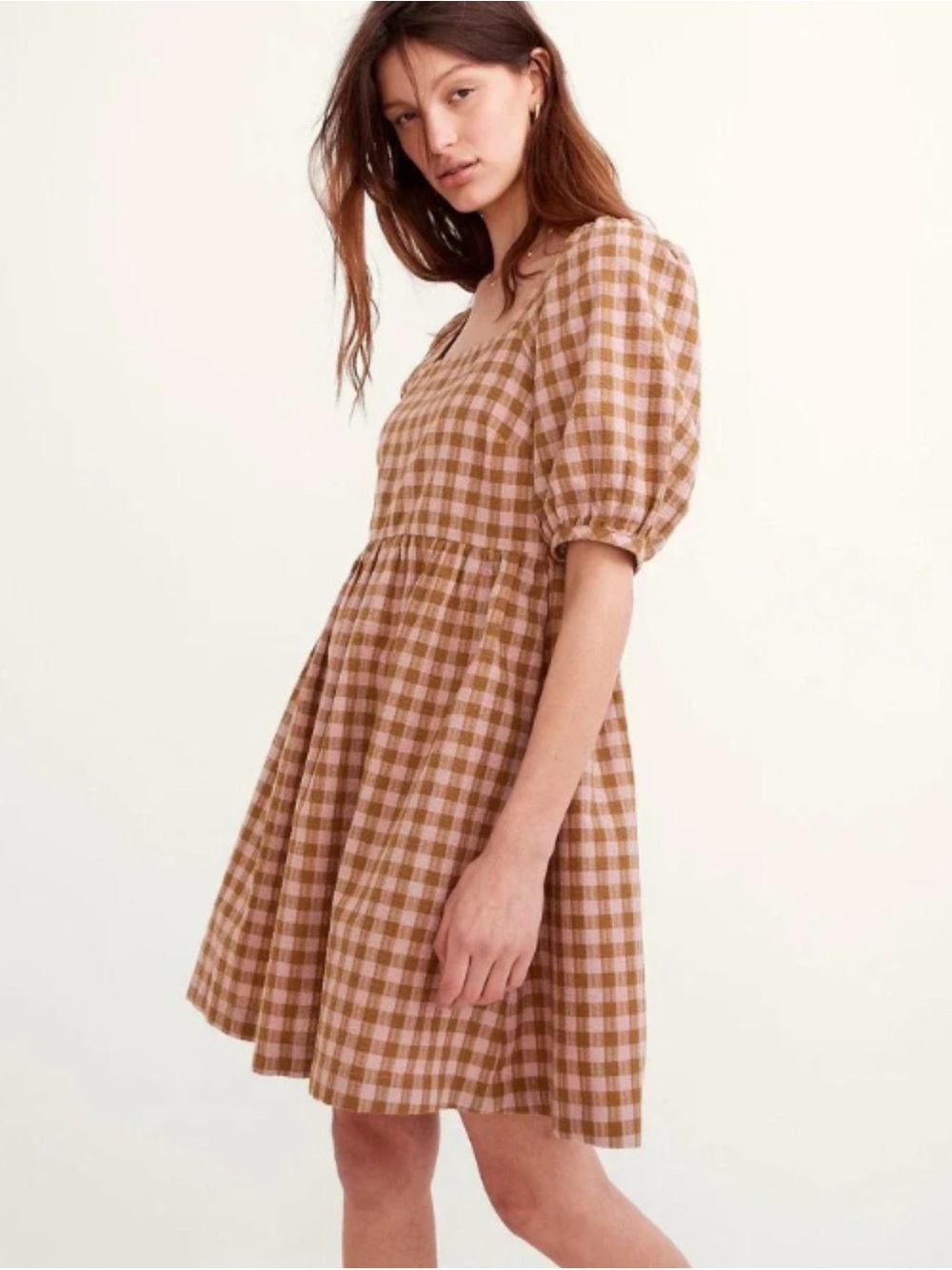Madewell Dress Square Neck Puff Sleeve Gingham Seersucker in Spiced Olive sz M - Picture 1 of 5